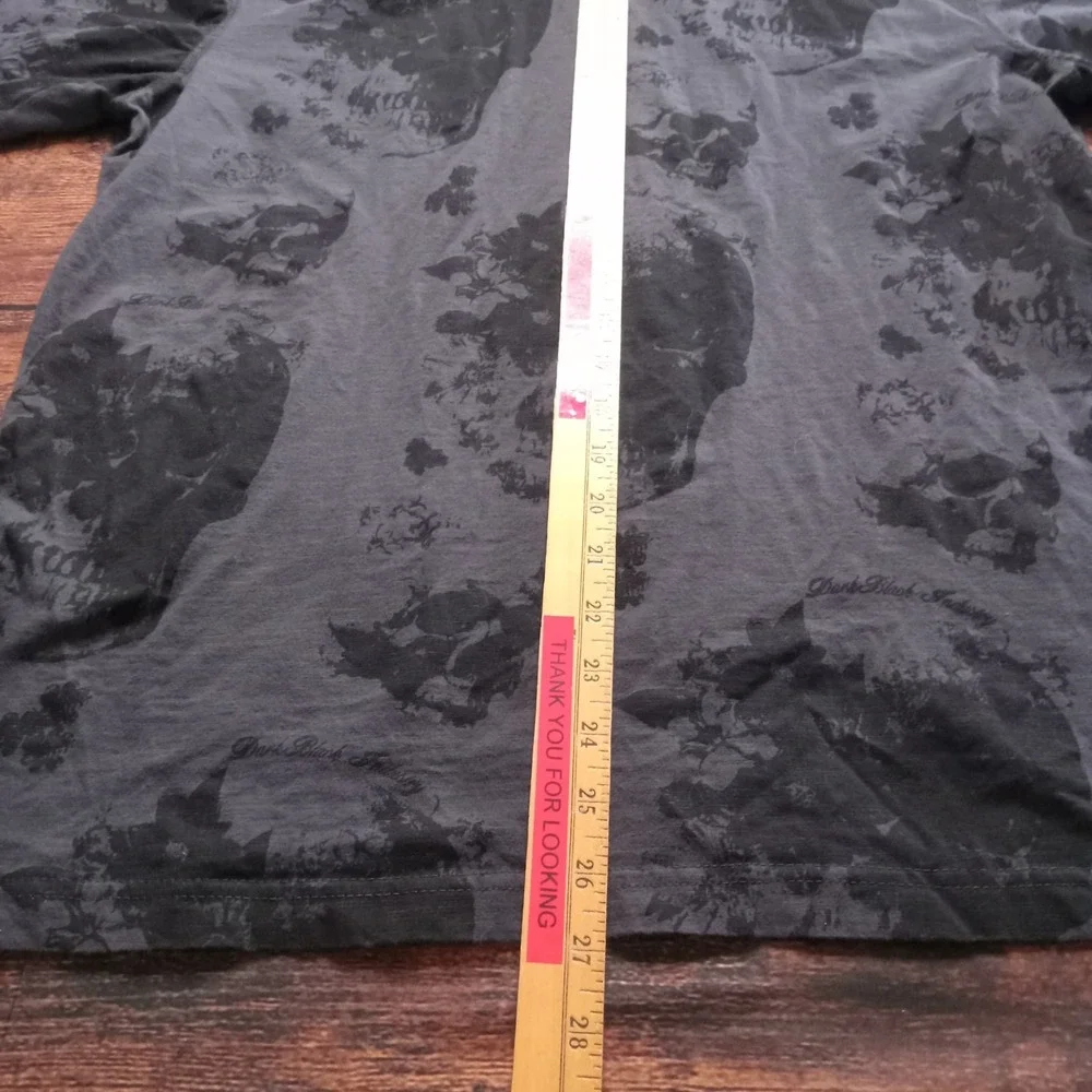 Dark Black Heavy Denim Skull Print Short Sleeve V-Neck‎ Shirt Men's XL Black